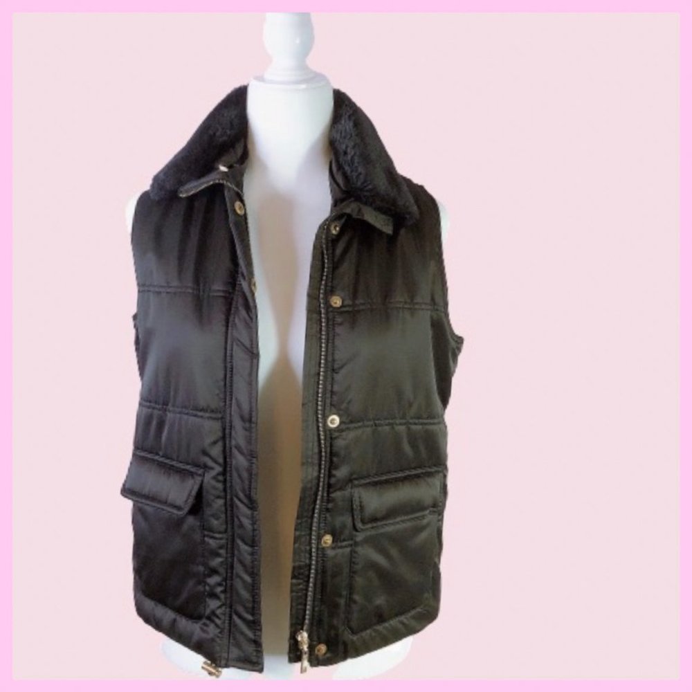 Charter Club Petite Black Puffer Vest W/ Faux Fur